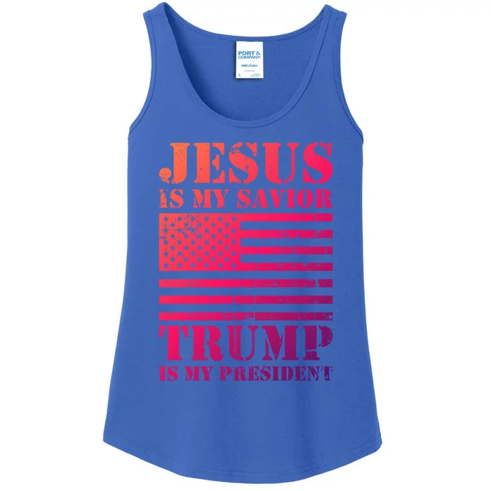 American Flag Jesus Is My Savior Trump Is My President Gift Ladies Essential Tank