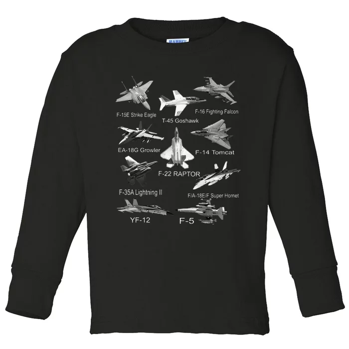 American Fighters Jets F22 Raptor F14 Tomcat Plane Spotting Toddler Long Sleeve Shirt