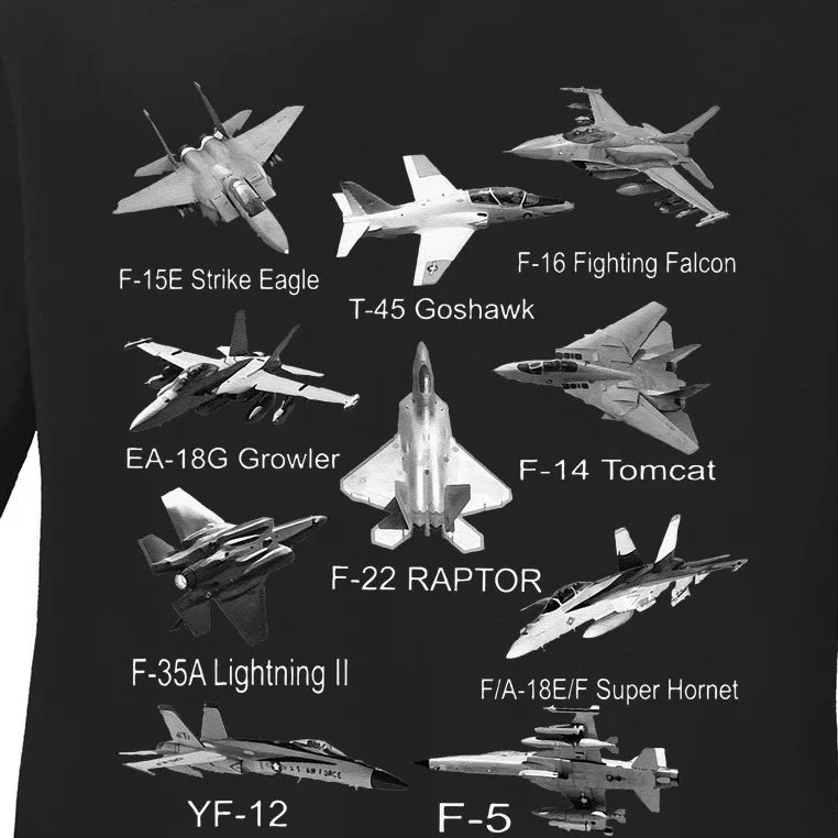 American Fighters Jets F22 Raptor F14 Tomcat Plane Spotting Ladies Long Sleeve Shirt