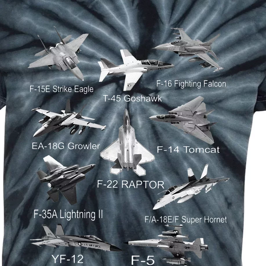 American Fighters Jets F22 Raptor F14 Tomcat Plane Spotting Kids Tie-Dye T-Shirt