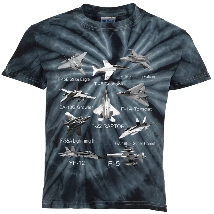 American Fighters Jets F22 Raptor F14 Tomcat Plane Spotting Kids Tie-Dye T-Shirt