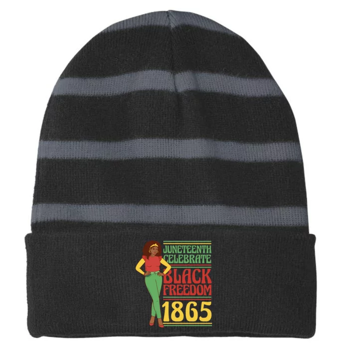 African Female Juneteenth Celebrate Black Freedom 1865 Striped Beanie with Solid Band