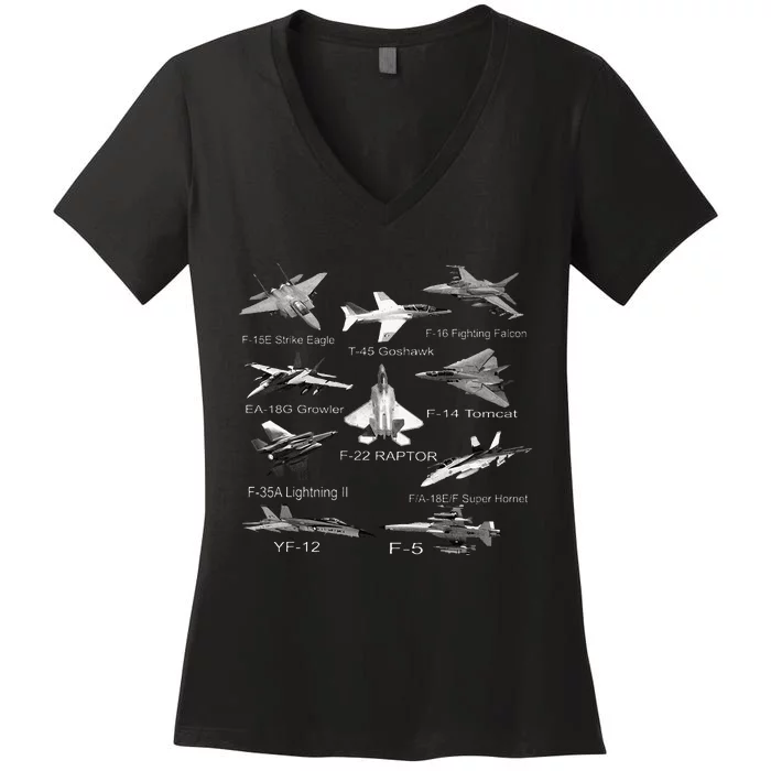 American Fighters Jets F22 Raptor F14 Tomcat Plane Women's V-Neck T-Shirt