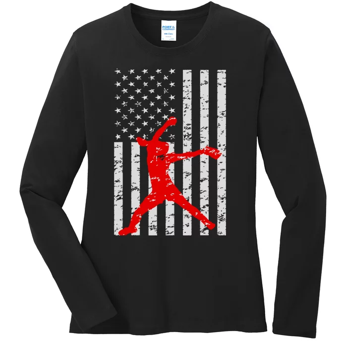 American Flag Love Softball Fastpitch Pitcher Gifts Ladies Long Sleeve Shirt