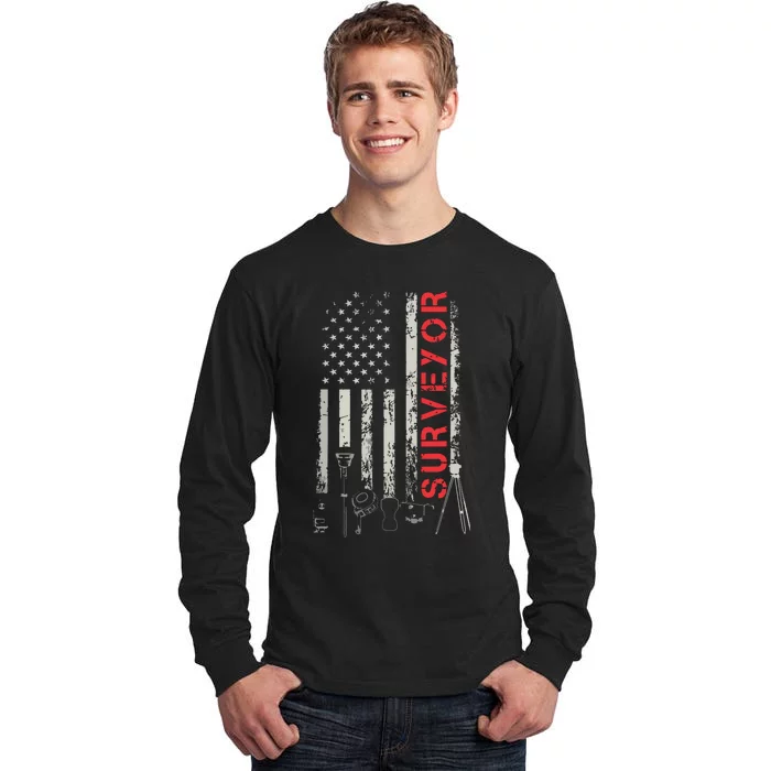 American Flag Land Surveyor Surveying Puns Engineer Tall Long Sleeve T-Shirt