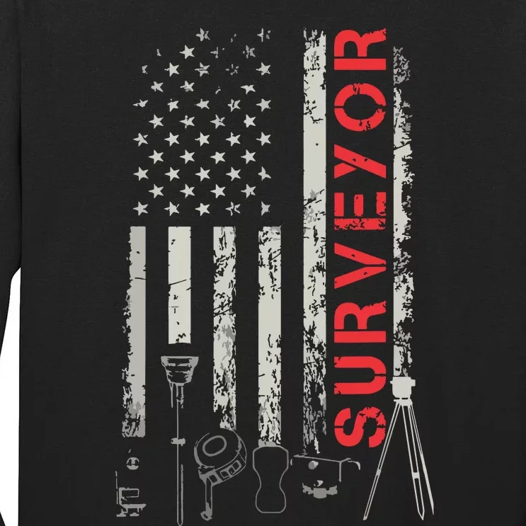 American Flag Land Surveyor Surveying Puns Engineer Tall Long Sleeve T-Shirt