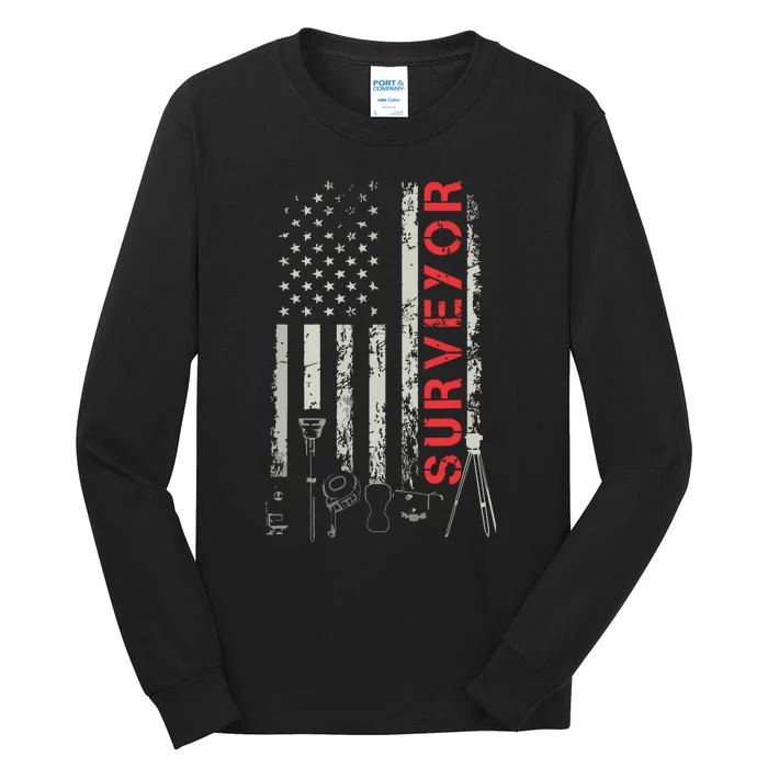 American Flag Land Surveyor Surveying Puns Engineer Tall Long Sleeve T-Shirt