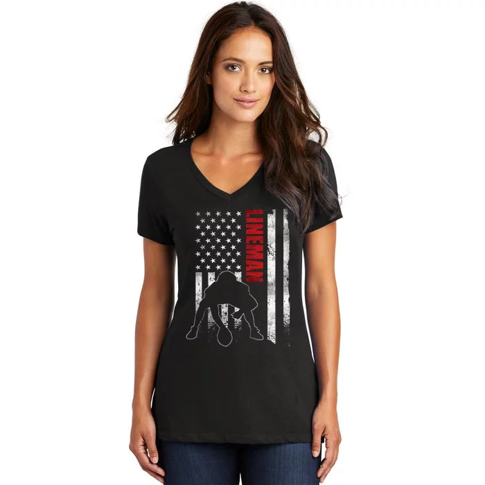 American Football Lineman Offensive Player Apparel Us Flag Women's V-Neck T-Shirt