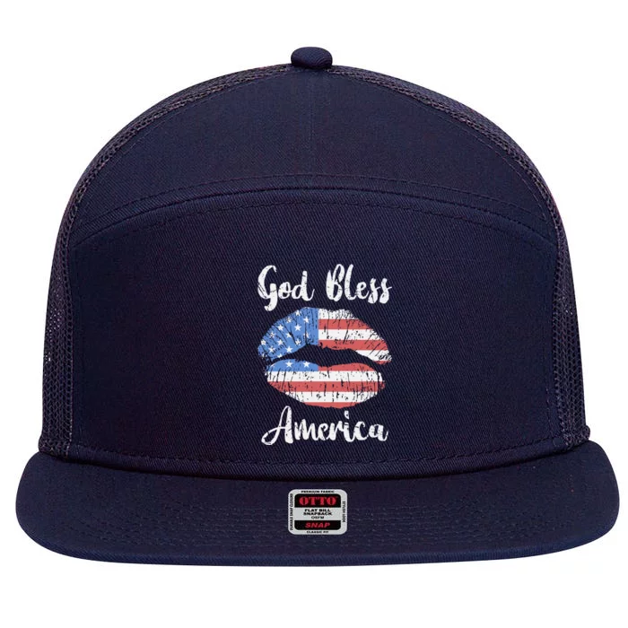 American Flag Lips God Bless America Great Gift 7 Panel Mesh Trucker Snapback Hat