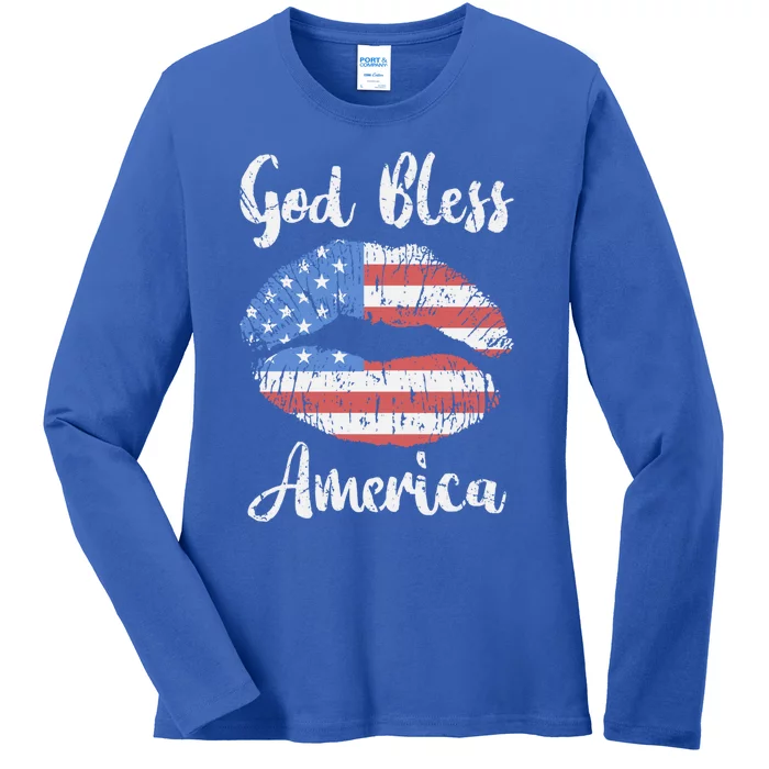 American Flag Lips God Bless America Gift Ladies Long Sleeve Shirt