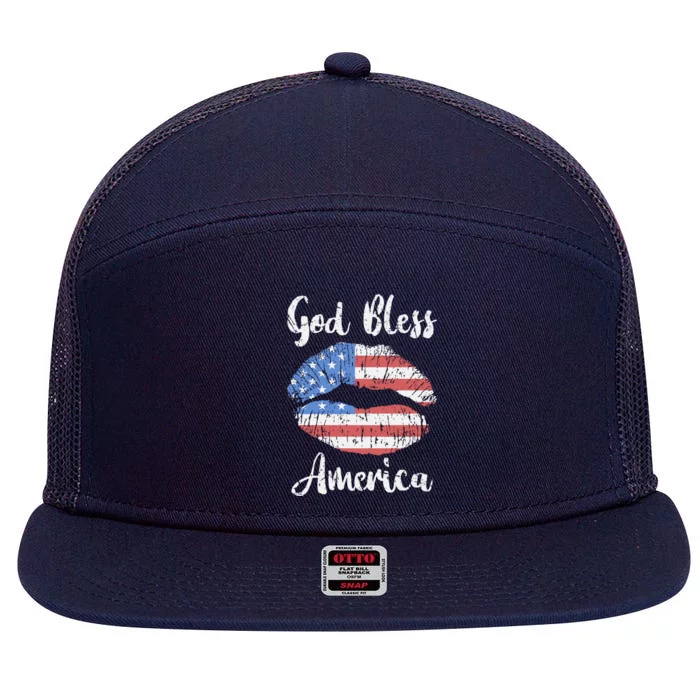 American Flag Lips God Bless America Gift 7 Panel Mesh Trucker Snapback Hat