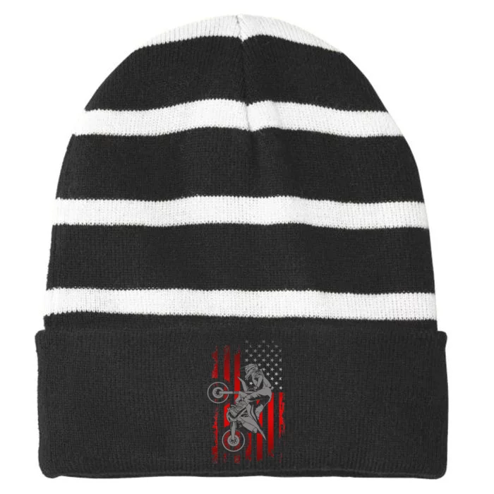 American Flag Motocross Dirt Bike Striped Beanie with Solid Band