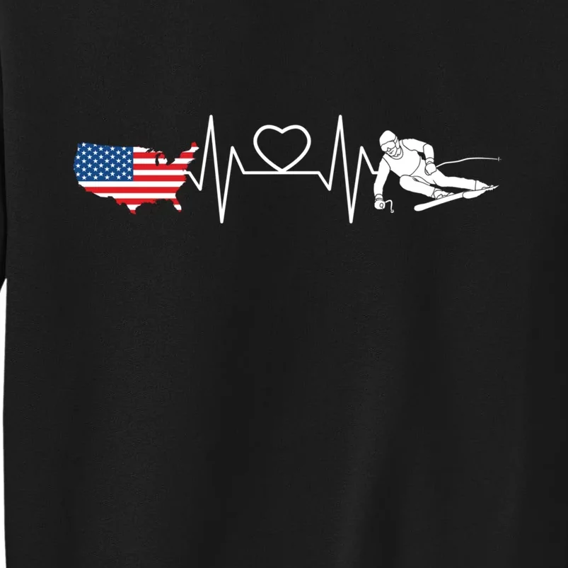 American Flag Map Ski Heartbeat Skiing Skier Gifts Sweatshirt