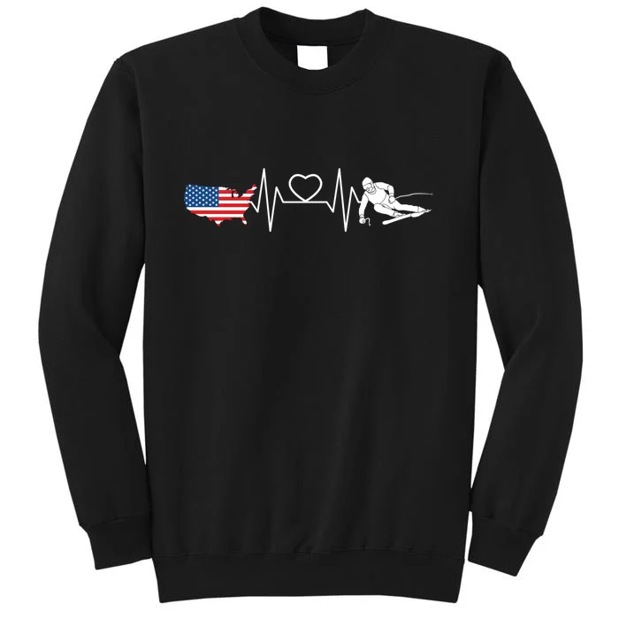 American Flag Map Ski Heartbeat Skiing Skier Gifts Sweatshirt