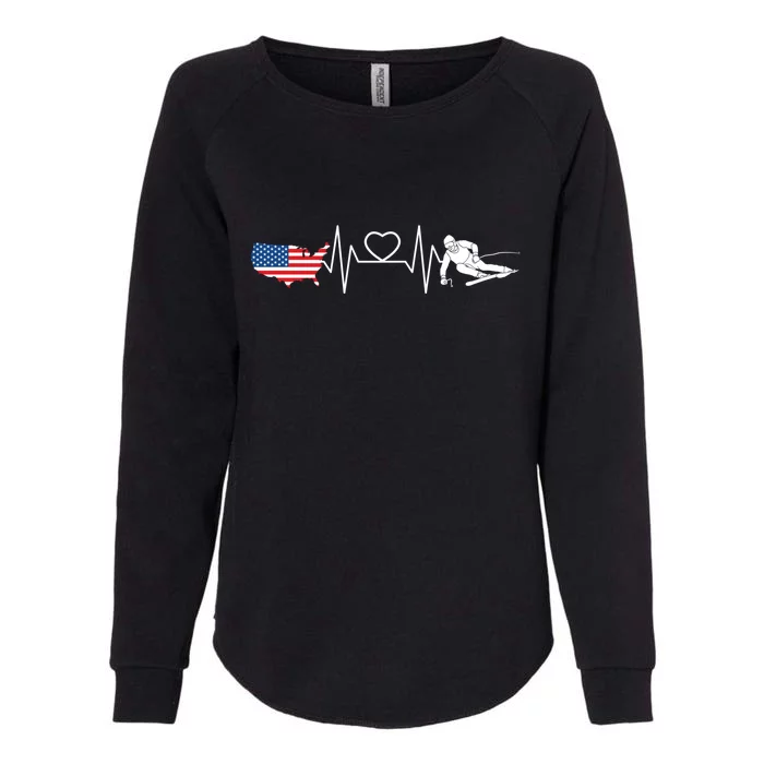 American Flag Map Ski Heartbeat Skiing Skier Gifts Womens California Wash Sweatshirt