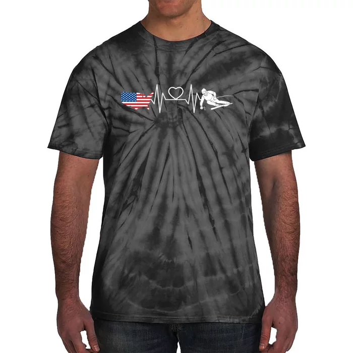 American Flag Map Ski Heartbeat Skiing Skier Gifts Tie-Dye T-Shirt