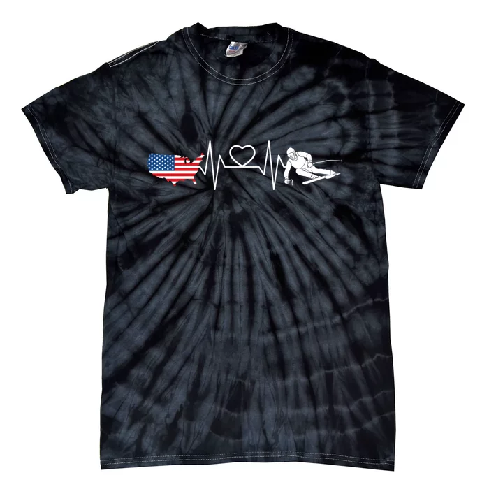 American Flag Map Ski Heartbeat Skiing Skier Gifts Tie-Dye T-Shirt