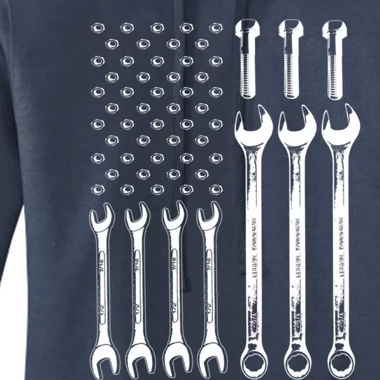 American Flag Mechanic Patriotic Wrench Repair Funny Gift Women's Pullover Hoodie