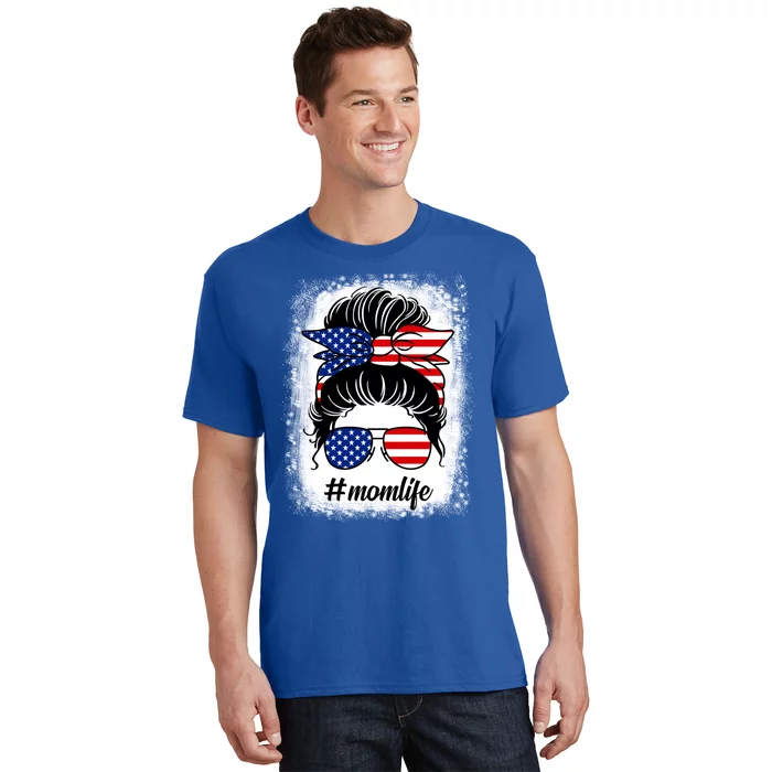 American Flag Mom Messy Bun Pride Patriotic Mothers Day Gift T-Shirt