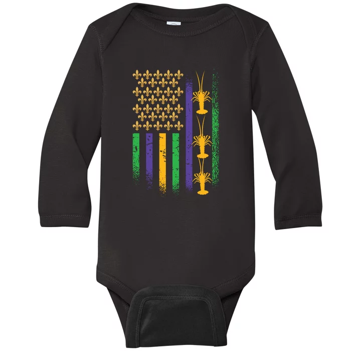 American Flag Mardi Gras Cruise Fat Tuesday Gift Fleur De Lis Baby Long Sleeve Bodysuit