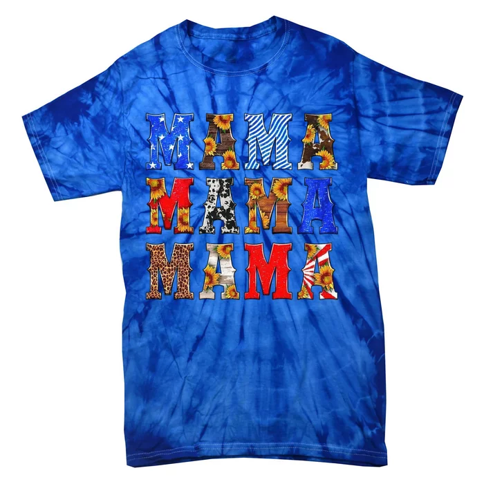 American Flag Mama Leopard Sunflowers Mama Gift Tie-Dye T-Shirt