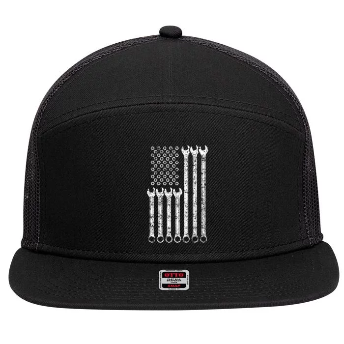 American Flag Mechanic Wrench Gift Mens Womens 7 Panel Mesh Trucker Snapback Hat