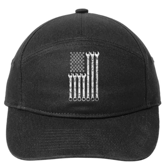 American Flag Mechanic Wrench Gift Mens Womens 7-Panel Snapback Hat