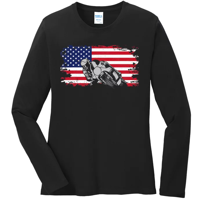 American Flag Motorcycle Ladies Long Sleeve Shirt