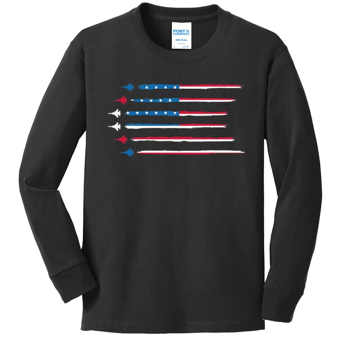 American Flag Military Jet Plane Aviation Kids Long Sleeve Shirt