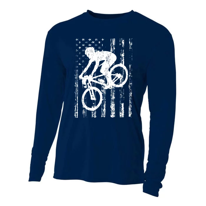 American Flag Mountain Bike, Mountain Bike Gift Cooling Performance Long Sleeve Crew