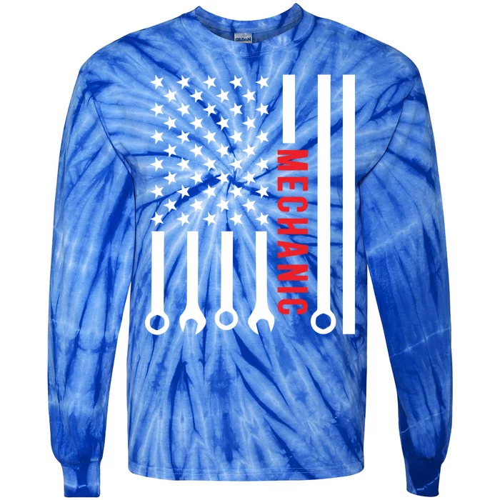 American Flag Mechanic Design Gift Tie-Dye Long Sleeve Shirt