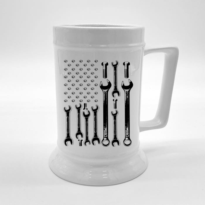 American Flag Mechanic Patriotic Funny Auto Wrench Funny Gift Front & Back Beer Stein