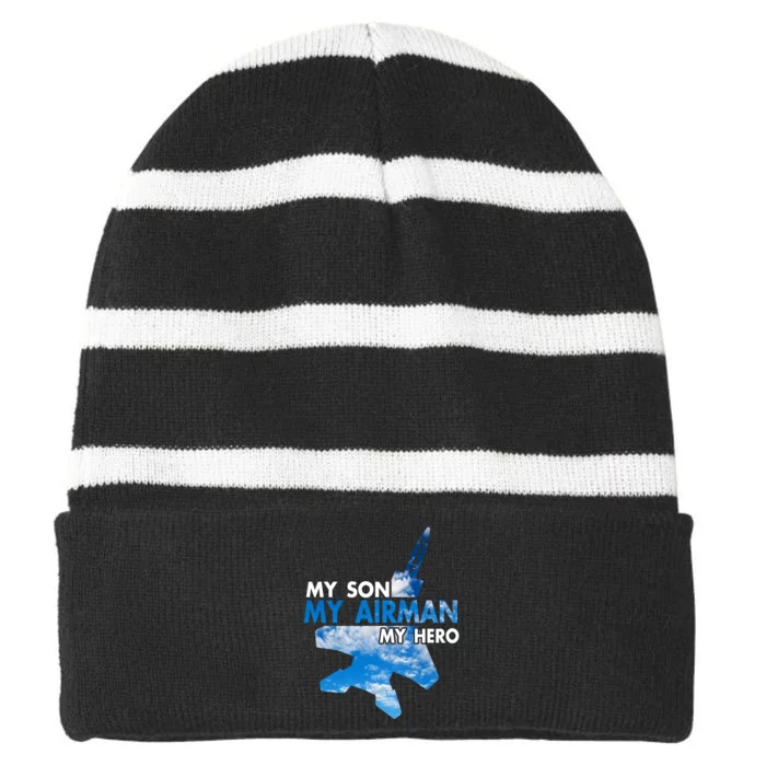 Air Force Mom My Son My Airman Hero Air Force Dad Gift Striped Beanie with Solid Band