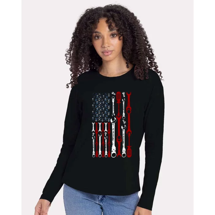 American Flag Mechanics Patriotic Mechanic Usa Flag Womens Cotton Relaxed Long Sleeve T-Shirt