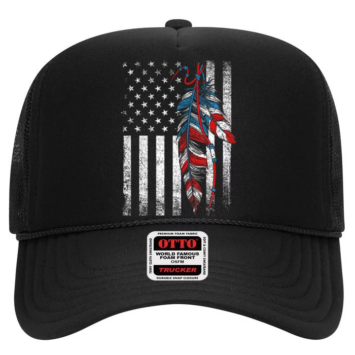 American Flag Native Feather Pride Month Indigenous High Crown Mesh Trucker Hat