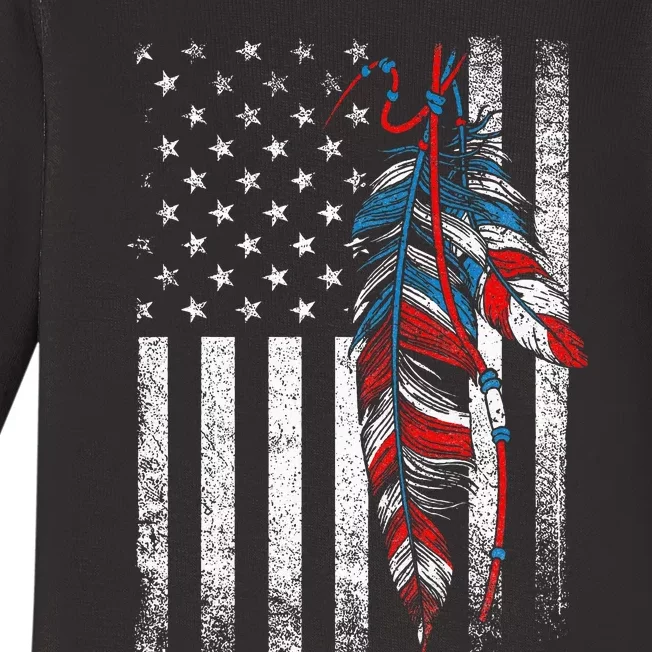 American Flag Native Feather Pride Month Indigenous Baby Long Sleeve Bodysuit