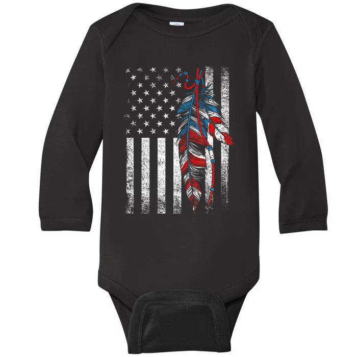 American Flag Native Feather Pride Month Indigenous Baby Long Sleeve Bodysuit