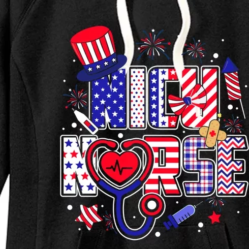 American Flag Nicu Nurse 4th Of July Nursing Funny Mom Mama Gift Women's Fleece Hoodie