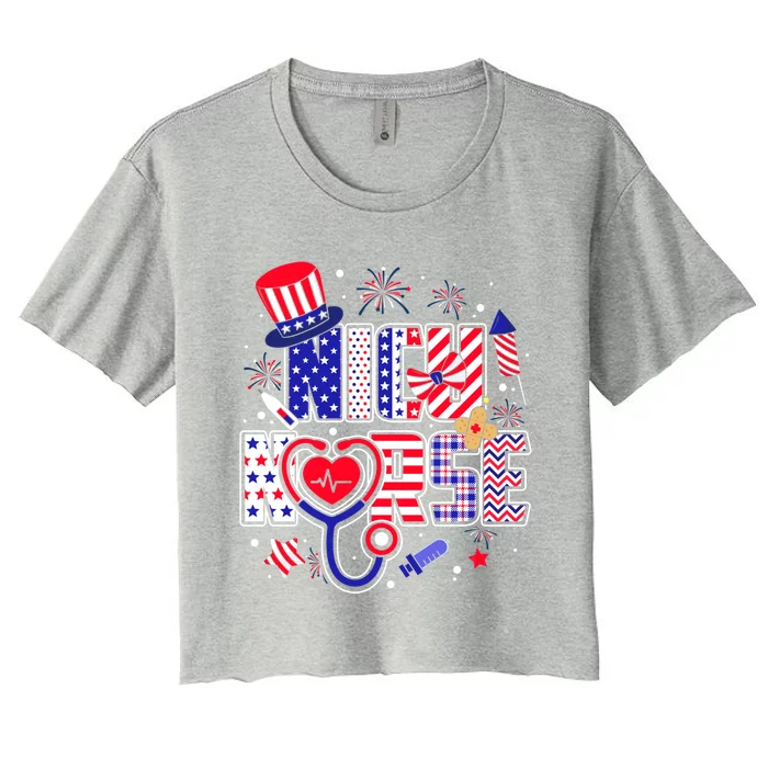 American Flag Nicu Nurse 4th Of July Nursing Funny Mom Mama Gift Women's Crop Top Tee