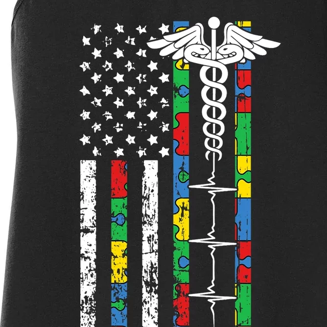 American Flag Nurse Autism Awareness Cool Registered RN Gift Women's Racerback Tank