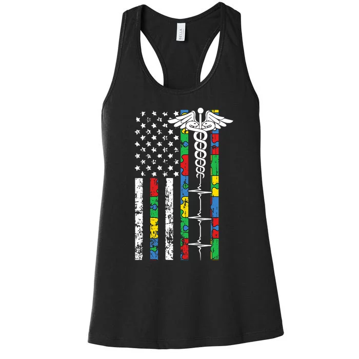 American Flag Nurse Autism Awareness Cool Registered RN Gift Women's Racerback Tank