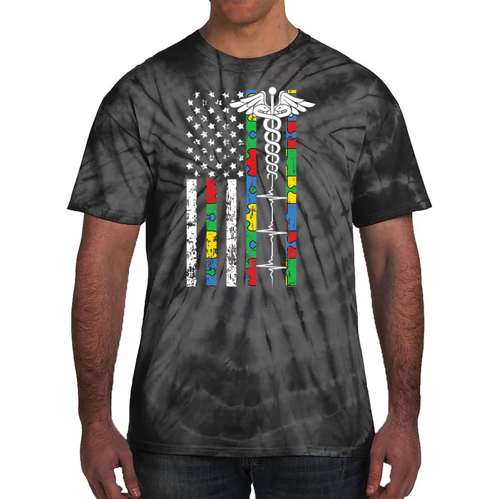 American Flag Nurse Autism Awareness Cool Registered RN Gift Tie-Dye T-Shirt