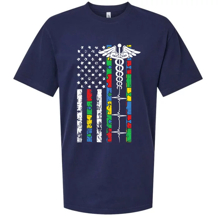 American Flag Nurse Autism Awareness Cool Registered RN Gift Sueded Cloud Jersey T-Shirt