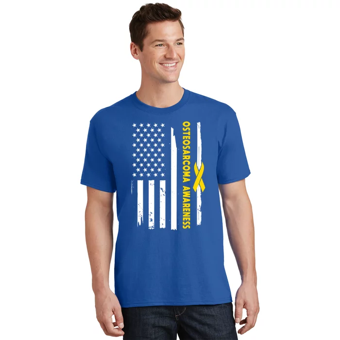 American Flag Osteosarcoma Awareness Wear Yellow Ribbon Usa Gift T-Shirt