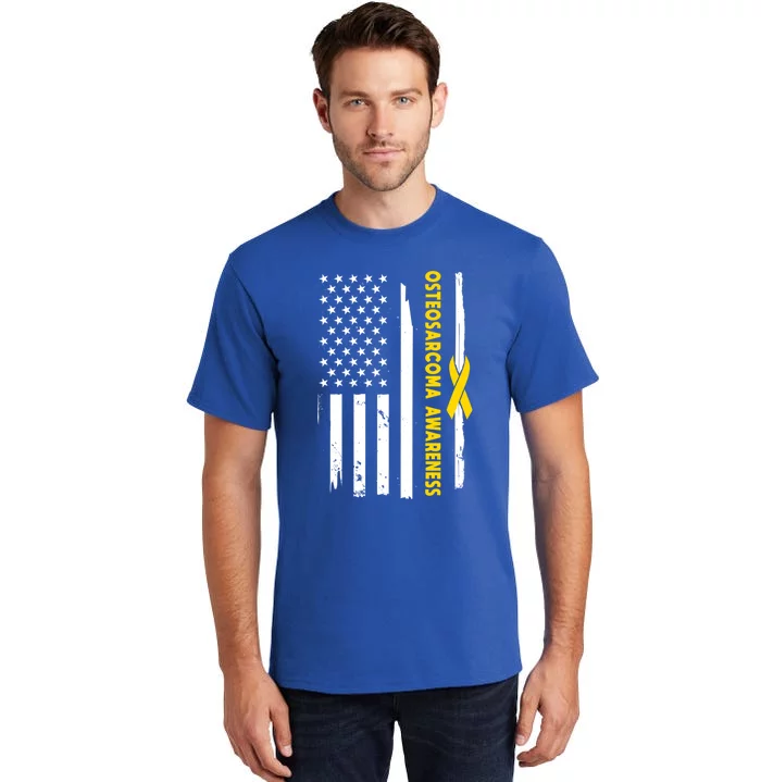 American Flag Osteosarcoma Awareness Wear Yellow Ribbon Usa Gift Tall T-Shirt