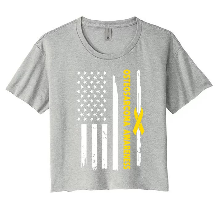 American Flag Osteosarcoma Awareness Wear Yellow Ribbon Usa Gift Women's Crop Top Tee