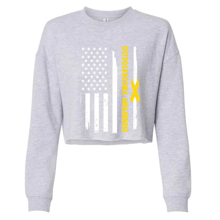 American Flag Osteosarcoma Awareness Wear Yellow Ribbon Usa Gift Cropped Pullover Crew