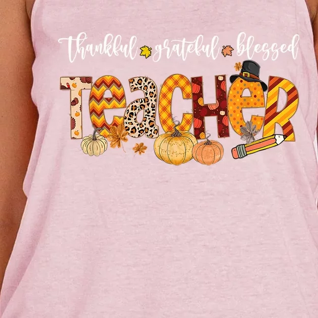 Autumn Fall Outfit Teacher Thankful Grateful Blessed Pumpkin Gift Women's Knotted Racerback Tank