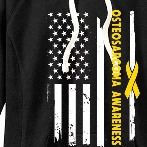 American Flag Osteosarcoma Awareness Wear Yellow Ribbon Usa Gift Women's Fleece Hoodie