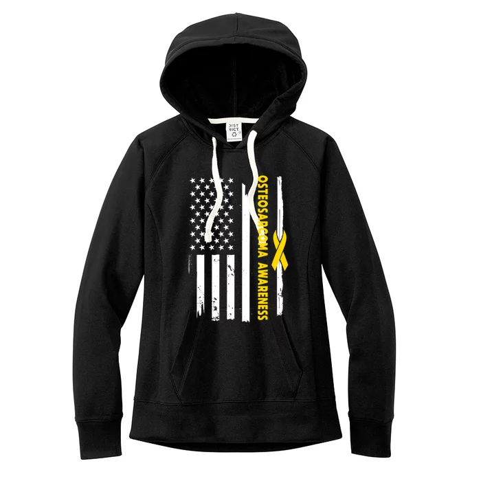 American Flag Osteosarcoma Awareness Wear Yellow Ribbon Usa Gift Women's Fleece Hoodie